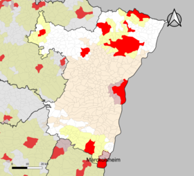 Localisation de l'aire d'attraction de Marckolsheim dans le département du Bas-Rhin.