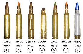 Номенклатура боеприпасов 5.56: 1. боевой ранних выпусков; 2. трассирующий ранних выпусков; 3. учебный; 4. холостой; 5. боевой современный; 6. трассирующий современный; 7. для учебной стрельбы с пластиковой пулей.