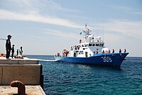 A South Korean police boat approaches the dock on the Liancourt Rocks' East Islet.