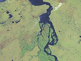 Satellietfoto van de rivierdelta van de Jenisej