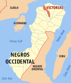 Mapa ng Negros Occidental na nagpapakita ng lokasyon ng Victorias.