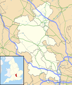 Mapa konturowa Buckinghamshire, blisko dolnej krawiędzi nieco na prawo znajduje się punkt z opisem „Dorney”