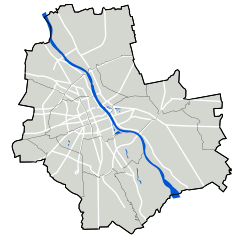 Mapa konturowa Warszawy, na dole nieco na lewo znajduje się punkt z opisem „WAW”