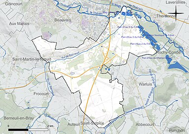 Carte en couleur présentant le réseau hydrographique de la commune