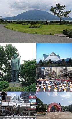 Yukarıdan sola: Kagoshima'nın şehir panoramasında Sakurajima, Saigo Takamori heykeli, Kagoshima Kalesi, Sengan-en, Ōkubo Toshimichi Heykeli, Shiroyama Dağı'nda gece görüntüsü