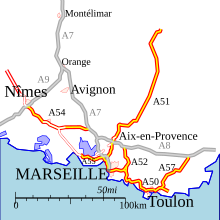 Carte des autoroutes A50 à A57