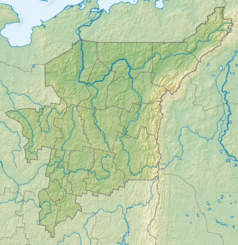 Mapa konturowa Komi, blisko centrum po prawej na dole znajduje się czarny trójkącik z opisem „Ural Północny”