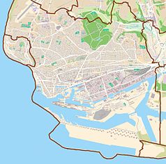 Mapa konturowa Hawru, w centrum znajduje się punkt z opisem „Gare du Havre”