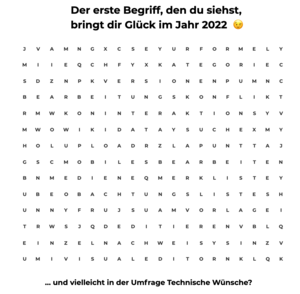 Zu sehen ist ein Buchstabengitter, in dem die 16 verschiedenen Themenschwerpunkte der Umfrage Technische Wünsche 2022 versteckt sind. Darüber steht: „Der erste Begriff, den du siehst, bringt dir Glück im Jahr 2022“ und ein Zwinkersmiley. Darunter steht: „… und vielleicht in der Umfrage Technische Wünsche?“)