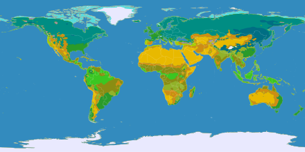 Map of the world. A tan band stretches from northern Africa through central China; most of Australia and parts of Tɛmplet:Not a typo and the western Americas are also tan. Dark greens dominate the northern hemisphere. Lighter greens cover much land near the equator. Polar areas are white, the north fringed with light blue.