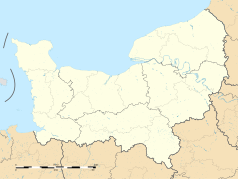 Mapa konturowa Normandii, u góry po prawej znajduje się punkt z opisem „Mathonville”