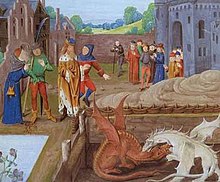 Peinture médiévale représentant deux dragons blanc et rouge se battant dans une fosse. Plusieurs personnages assistent à la scène. Au fond se dresse un château.