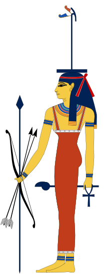 Image of Wosret with a staff and a was-scepter on her head.