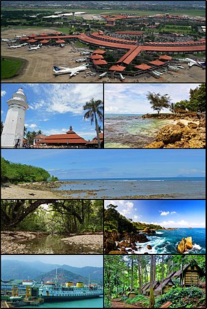 Mengikut arah jam, dari atas kiri : Lapangan Terbang Antarabangsa Soekarno-Hatta, Masjid Agung Banten, Pantai Carita, Tanjung Lesung, Taman Negara Ujung Kulon, Kampung pelancongan Sawarna, Pelabuhan Merak, Kampung orang asli Baduy