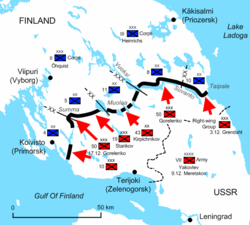 Diagrama da batalla no istmo de Corelia que ilustra as posicións das tropas soviéticas e finesas. The Red Army penetrated dozens of kilometers into Finnish territory, but stopped at the Mannerheim Line.