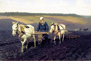 Tableau représentant un homme guidant un souci de charrue, tiré par deux chevaux.