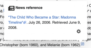 Popup with reference details displayed over article text
