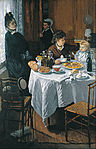 The Luncheon, 1868, Städel, which features Camille Doncieux and Jean Monet, was rejected by the Paris Salon of 1870 but included in the first Impressionists' exhibition in 1874.[30]