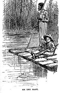 Huckleberry Finn och Jim på sin flotte (illustration, 1884).