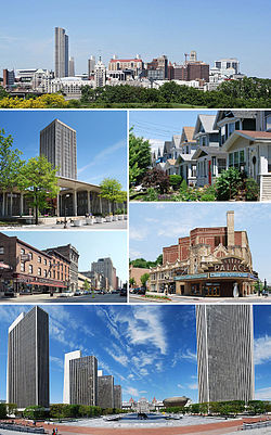 A medley of different scenes to represent the diversity of the city. At top is a photo of the city's skyline, juxtaposing modern towers from the 1960s with older buildings dating back to the 19th century. Above center, right shows cookie-cutter, single-family houses, all two-stories with porches. Below center, right shows the marquee of a buff- and red-brick theater; marquee reads "PALACE". Bottom is a panoramic view of an open courtyard split by reflecting pools and surrounded by four modern, glass and concrete towers on left and one taller tower on right; in center is a Romanesque, granite, five-story capitol building. Below center, left shows a city street populated with old brick buildings. Above center, left shows a modern, glass and concrete tower surrounded by a shorter building of the same style.