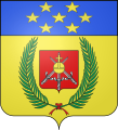 Blason de Foch : D'or à deux palmes posées en sautoir de sinople, nouées en pointe de gueules, accompagnées en cœur d'un écusson de gueules chargé de trois épées hautes d'argent, montées d'or, posées deux en sautoir, une en pal et chargées d'un globe, cerclé et croiseté d'or ; au chef d'azur chargé de sept étoiles d'or ordonnées 2, 3 et 2.