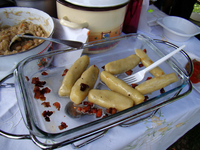 Kluski with fried bacon (in Galicia, Poland)