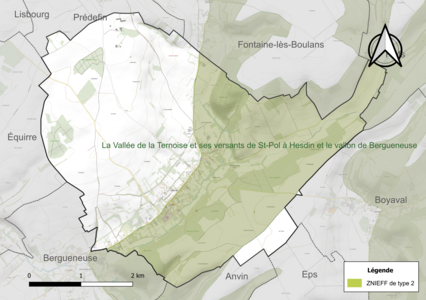 Carte de la ZNIEFF de type 2 sur la commune.