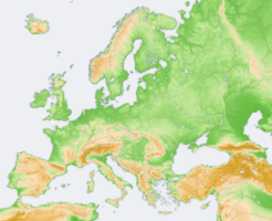 Mapa Evropy s barevnou hypsometrií