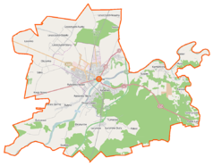 Mapa konturowa gminy Wyszków, w centrum znajduje się punkt z opisem „Parafia pw. św. Idziegow Wyszkowie”