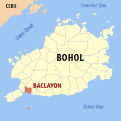 Mapa ng Bohol na nagpapakita sa lokasyon ng Baclayon.