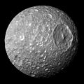 Image 10 Mimas (moon) Photo: NASA/JPL/SSI Saturn's moon Mimas, as imaged by the Cassini spacecraft. It was discovered on 17 September 1789 by English astronomer William Herschel, and was named after Mimas, a son of Gaia in Greek mythology, by Herschel's son John. The large Herschel Crater is the dominating feature of the moon. With a diameter of 396 km (246 mi), it is the smallest astronomical body that is known to be rounded due to self-gravitation. More selected pictures