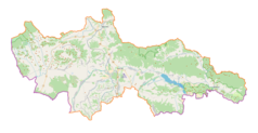 Mapa konturowa powiatu nowotarskiego, w centrum znajduje się punkt z opisem „Nowy Targ”