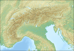 Mapa konturowa Alp, u góry po prawej znajduje się czarny trójkącik z opisem „Elm”