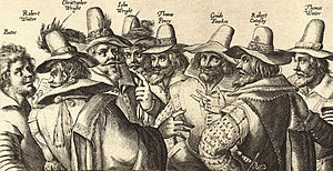 A monochrome engraving of eight men, in 17th-century dress. All have beards, and appear to be engaged in discussion