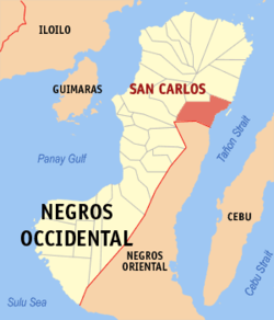 Mapa ng Negros Occidental na nagpapakita ng lokasyon ng San Carlos.