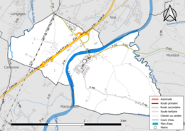 Carte en couleur présentant le réseau hydrographique de la commune