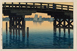 Die Kaminohashi-Brücke, Fukagawa, auf der Insel Hokkaidō, Kawase Hasui, 1920