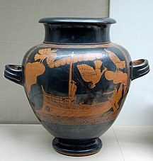 Odysseus ja seireenit. Seireeni-maalarin nimivaasi, punakuviotekniikalla koristeltu stamnos, n. 480–470 eaa. British Museum.