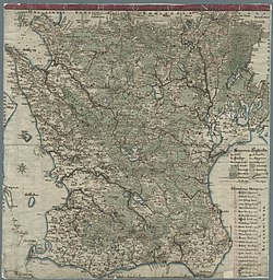 Hand-drawn colour map of Skåne with a large number of villages drawn in as well as cities, forests, lakes and rivers.