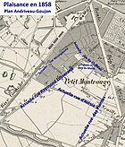 En 1858, urbanisation au nord de la rue d’Alésia, à l’est de la rue de Vanves et au nord du château du Maine