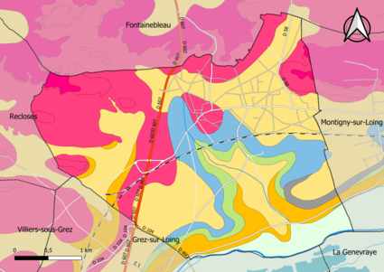 Carte montrant en couleurs le zonage géologique simplifié d'une commune