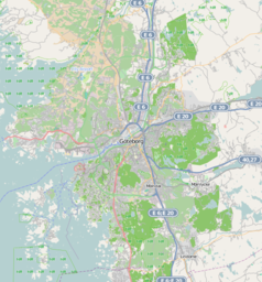 Mapa konturowa Göteborga, w centrum znajduje się punkt z opisem „Scandinavium”