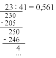 23:41 нема целих, спуштамо нулу и отварамо запету; 230:41=5 целих; множимо назад 5х41 и потписујемо 205; одузимамо и спуштамо следећу нулу; 250:41= 6 целих; 6х41=246; разлика је приближно нула (4); количник је приближно 0,561.