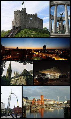 時計回りに上から、カーディフ城（英語版）, Welsh National War Memorial, Cardiff city centre, The Senedd, Cardiff Bay, AllianceおよびLlandaff Cathedral.