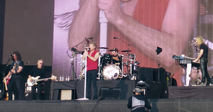 Bon Jovi performing in Hyde Park, London in 2013. From left to right: Phil X, Hugh McDonald, Jon Bon Jovi, Tico Torres, and David Bryan.