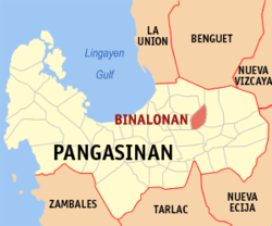 Mapa ng Pangasinan na nagpapakita sa lokasyon ng Binalonan.