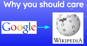 Google logo with arrow pointing to Wikipedia logo, titled Why you should care