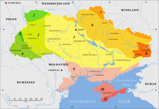 Tektonische Struktur der Ukraine ﻿ 1. Ukrainischer Schild ﻿ 8. Donezplatte ﻿ 9. Schwarzmeersenke ﻿10. Sarmatischer Kraton / Skythische Platte ﻿11. Krimgebirge,       ein Teil des Kimmerischen Faltengürtels