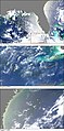 MODIS images showing the outflow of fresh water from the Mississippi (arrows) into the Gulf of Mexico (2004)