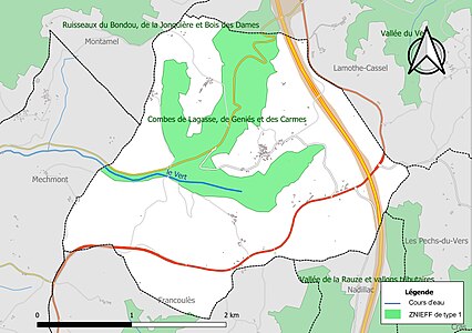 Carte des ZNIEFF de type 1 sur la commune.